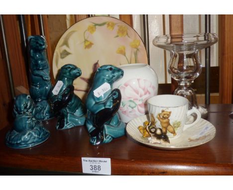 Poole Pottery otters and dormouse figures. Royal Doulton Anais Anais perfume by Cacharel vase, etc.