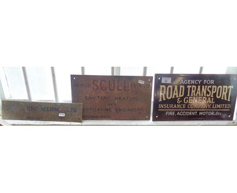 Brass shop door plates for Arthur Scull, Engineers and an enamel sign reading "Agency for Road Transport and General Insuranc