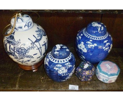 Two blue and white Chinese porcelain ginger jars, a similar coverted to a lamp base, Cloisonné pot, etc.