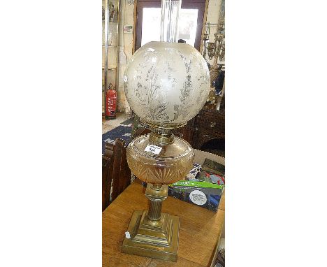 Victorian brass corinthian column oil lamp with glass reservoir and etched shade