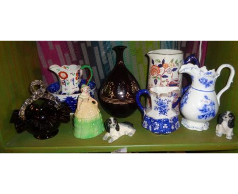 Ruby glass basket, four china jugs, etc.