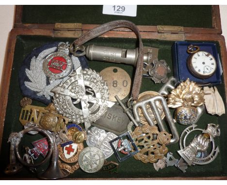 Cap badges and other military items, enamel badges, ARP whistle and silver badge, in box
