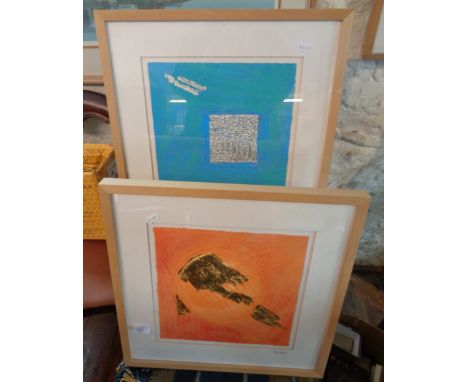 Three abstract works by Ray Goodin, acrylic and metallics on paper, signed mounted and framed in light oak