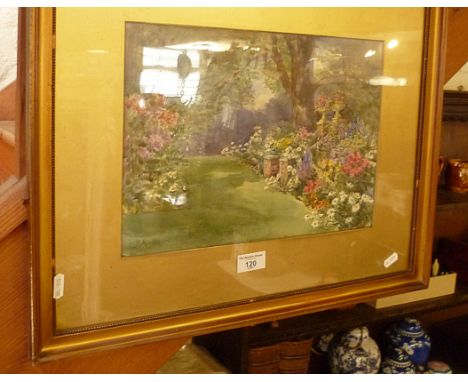 Watercolour of a garden border by R. Austen