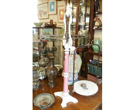 Victorian pillar shop scales with ceramic and iron centre column, brass pan weights and transfer printed slab