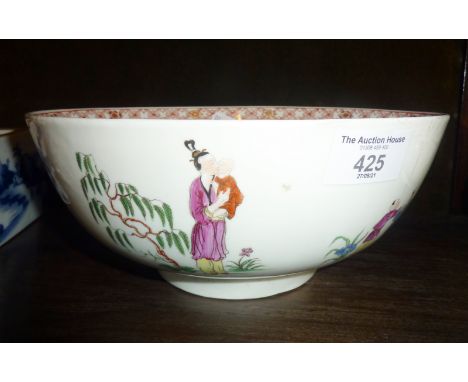 Large 18th c. Worcester bowl with chinoiserie painted decoration (hairline crack), 9" diameter