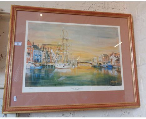 A Sandy Gore colour print of Weymouth Harbour, signed in pencil, 36/850, 24" x 30" framed, together with a contemporary origi