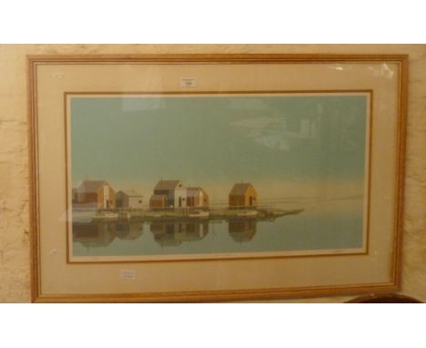 Keith Reynolds colour print of "Quiet Harbour", signed and with COA verso, image size 16" x 30", framed