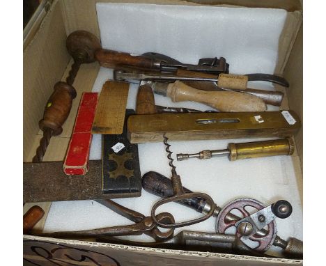Assorted old woodworking tools and a blow lamp