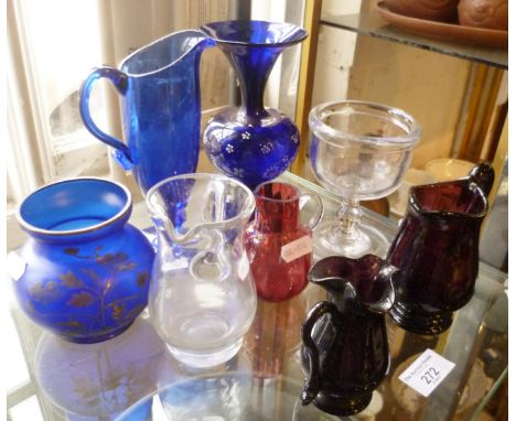 Collection of 8 glass vases and jugs, inc. Bristol blue, ruby and cranberry and an unusual 19th c. rummer with roll top