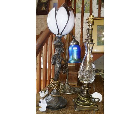 Two Art Nouveau-style desk lamps and a cut glass table lamp