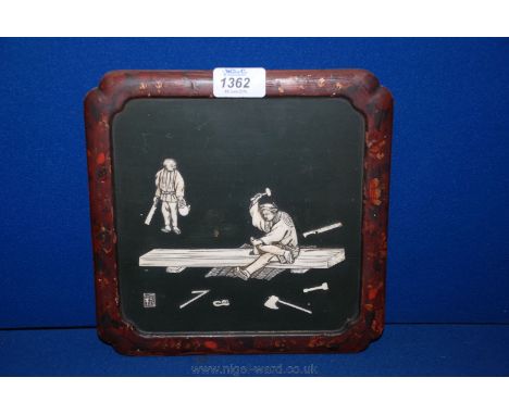 An early Meiji, circa 1860, Shibayama Plaque, approx 9" square and framed by a lacquered and painted wood frame, the plaque b