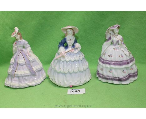 Three Royal Worcester figures from ''The Fashionable Victorian'' series including 'Lady Jane', 'Lady Victoria' and 'Lady Beat