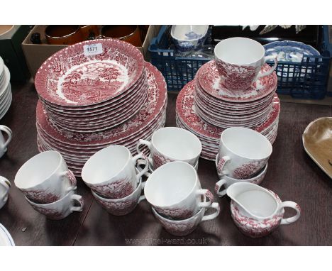 A large quantity of pink 'Old Country Castles' Dinner/tea service including ten dinner plates, ten dessert plates, nine soup 