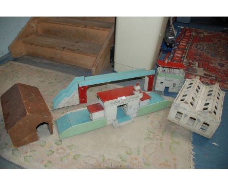 A quantity of hand painted model Railway scenery including train station and platform 'Preston Station', engine shed, etc.