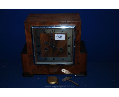 A circa 1910 Walnut cased mantle Clock, square form case with stepped sides with ebonised platform caps and feet, square chro