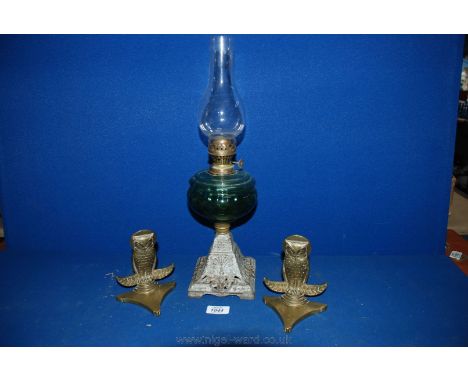 An oil Lamp, antique with metal base and green glass reservoir plus two brass owl Bookends.