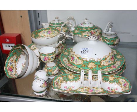 A Paragon fine bone china, apple green Pompadour Breakfast Set comprising Teapot with lid, water jug with lid, milk jug, two 