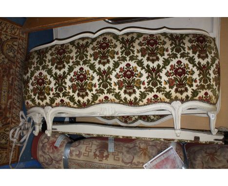 A shabby chic painted and upholstered French style Double Bedstead, white painted moulded show frame headboard and wrap aroun