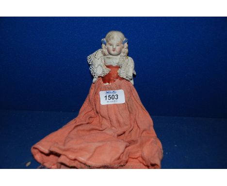 A WW1 Era Bisque Headed Pin Cushion Doll Marked 'JAPAN' on Nape of Neck.
