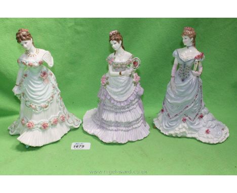 Three Royal Worcester figurines from the 'Splendour at Court' collection including 'A Royal Anniversary', 'The Golden Jubilee
