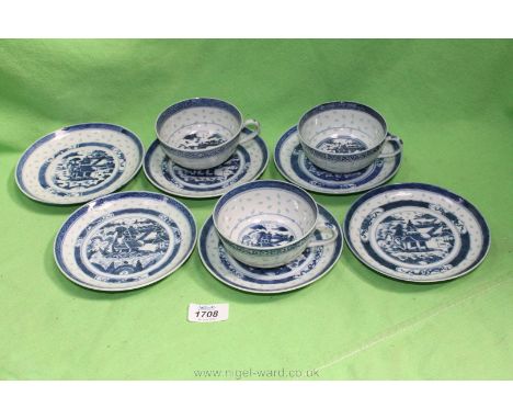 Six saucers and three Tea Bowls with blue and white sea landscape decoration. One tea bowl as found.