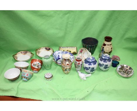 A quantity of china including two small blue and white Ginger jars, Goebel blue tit, miscellaneous trinket dishes, cups and s