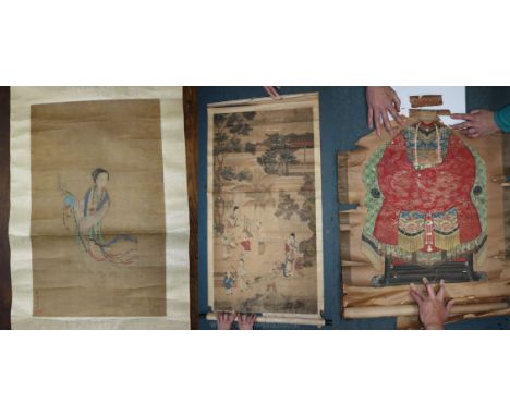 A Japanese Watercolour of a lady on a wooden scroll on a silk background, 64" x 18", with a Watercolour on paper of a Chinese
