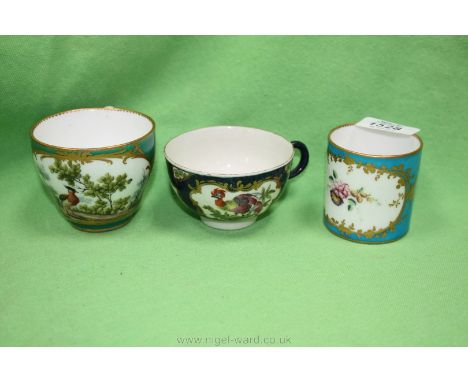A coffee Can with floral panel on turquoise ground, a Teacup with a panel of pheasant on a jade green ground with a twisted h