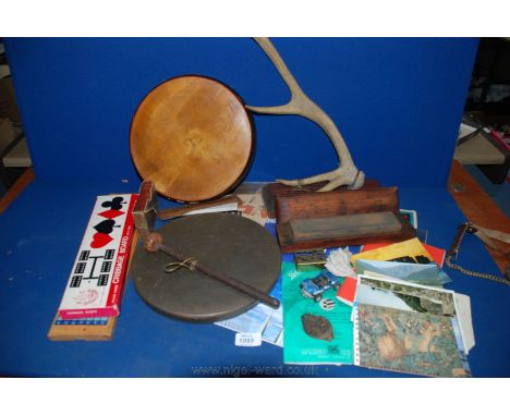 A box of miscellanea including boxed sharpening stone, gong, two cribbage boards, old Bothwell Agricultural Cattle Show 1957 