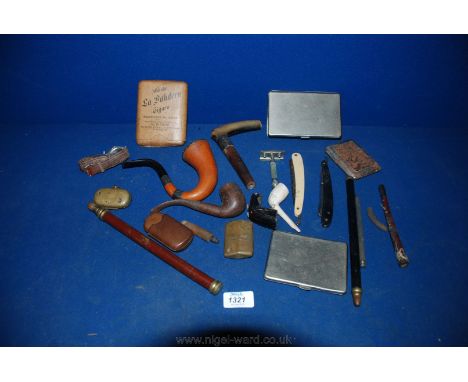 Miscellaneous old Pipes, cigar case, cigarette cases, cut throat razors, antler walking stick handle, etc.