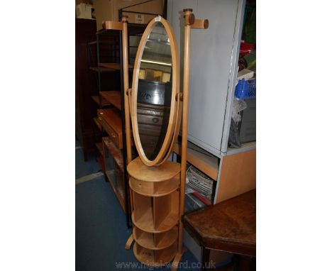 An unusual, Danish light Beech contemporary Dressing Mirror, having oval mirror in turned supports with upper curved hangers,