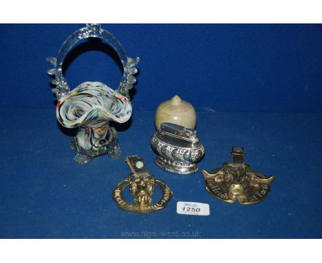 A Ronson lighter, a small alabaster pot and lid, and two horse brasses for 'Bickleigh Mill Farm' and an end of day glass Bask