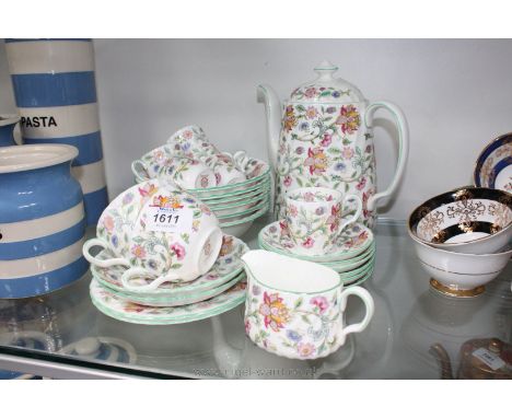 A Minton's Haddon Hall part Coffee set including large coffee pot, milk jug, six coffee cans, six saucers, two large cup trio