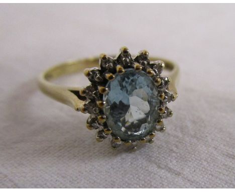 Gold diamond and aquamarine cluster ring