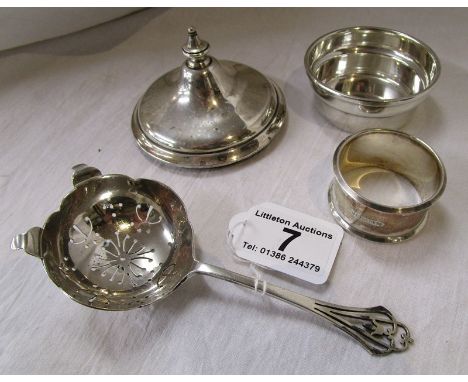 Hallmarked silver straining spoon, napkin ring and bowl