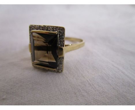 Gold square cut topaz &amp; diamond ring