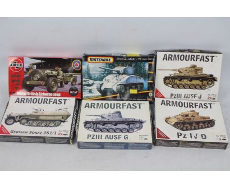 Armourfast - Matchbox - Airfix - Six boxed 1:72 scale plastic military model kits. Lot includes Armourfast #99019 Sd.Kfz 251/