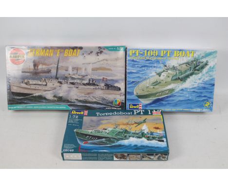 Airfix - Revell - Three boxed 1:72 scale plastic model boat kits. Lot consists of Revell #05048 Torpedo boat PT117; Airfix #1