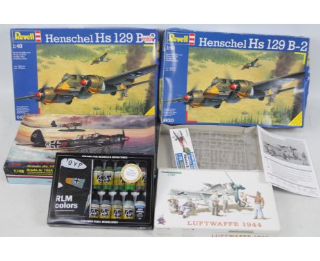 Eduard - Revell - MPM - Vallejo - Four boxed plastic military aircraft and personnel model kits in 1:48 scale with a box of V