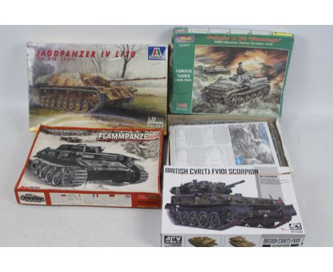 Italeri - ICM - Aian - AFV Club - Four boxed 1:35 scale plastic military vehicle model kits. Lot consists of Italeri #266 Jag