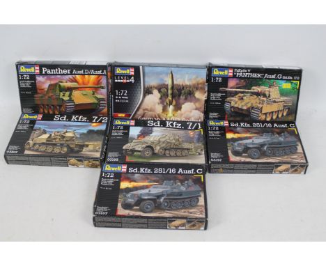 Revell - Seven boxed plastic military vehicle model kits in 1:72 scale. Lot includes Revell #03197 Sd.Kfz 251/16 Ausf.C; #031