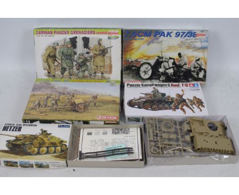 Tamiya - Dragon - Fujimi - Five boxed predominately 1:35 scale plastic miliary vehicle and personnel model kits. Lot includes