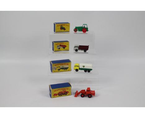 Matchbox - 4 x boxed vehicles, Aveling Barford Diesel Roller with red plastic wheels # 1, Bedford TK Tipper truck # 3, Bedfor