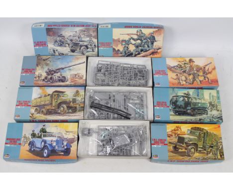 Hasegawa - 8 x boxed Military model kits in 1:72 scale including Willys Jeep, GMC CCKW Dump Truck, M5 High Speed Tractor, Mer