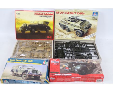 ICM - Italeri - Airfix - Four boxed plastic military vehicle model kits in mainly in 1:35 scale. Lot consists of Italeri #650