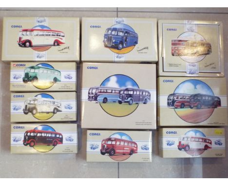 Corgi Classics Buses and Coaches - ten boxed sets comprising three twin-model packs # 97069, 97053 and 97071, and seven singl