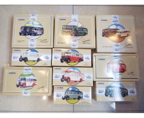 Corgi Classics Buses and Coaches - ten boxed sets comprising three twin-model packs # 97070, 97072 and 97075, and seven singl