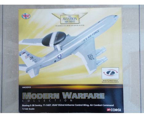 Corgi Aviation Archive - a diecast 1:144 scale model Boeing E-3B Sentry, 71-1407, AWACS features powered, self-rotating rotad