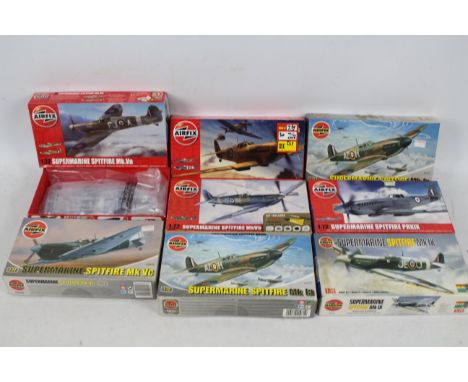 Airfix - A squadron of eight boxed 1:72 scale Airfix Spitfire plastic model kits. Lot includes A68004 Spitfire MkVb; #01071 M